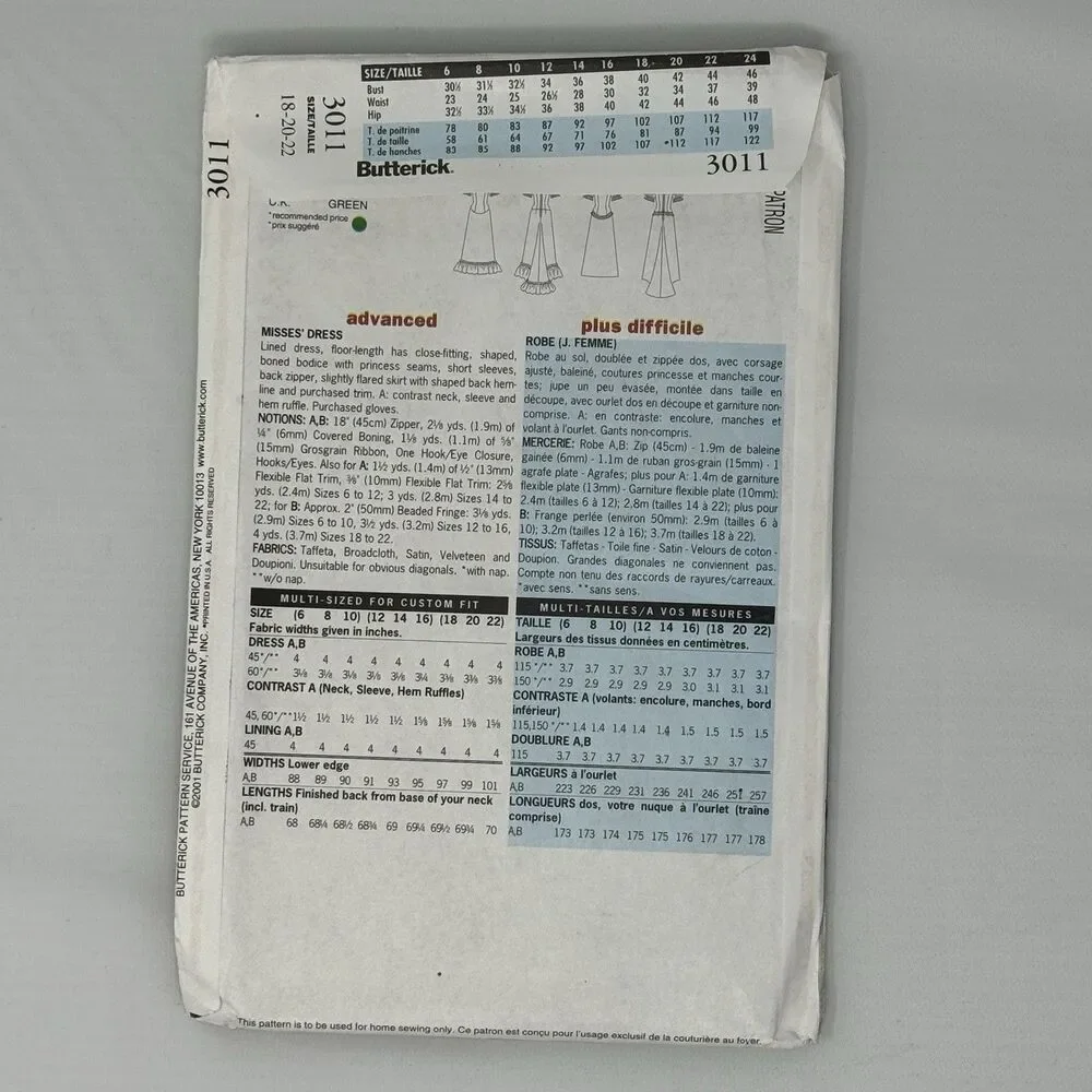 Butterick 3011 Sewing Pattern Edwardian Gown Dress Train Size 18 20 22 History - Picture 4 of 12